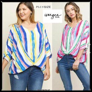 Umgee Women's Size 1XL Striped Watercolor Twist Front Dolman Sleeve High Low Top